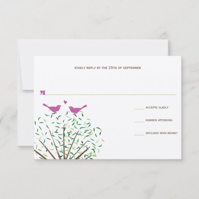 Cartão RSVP Laranja Whimsso e Fuchsia Adoram Árvore de Pássaro (Frente)