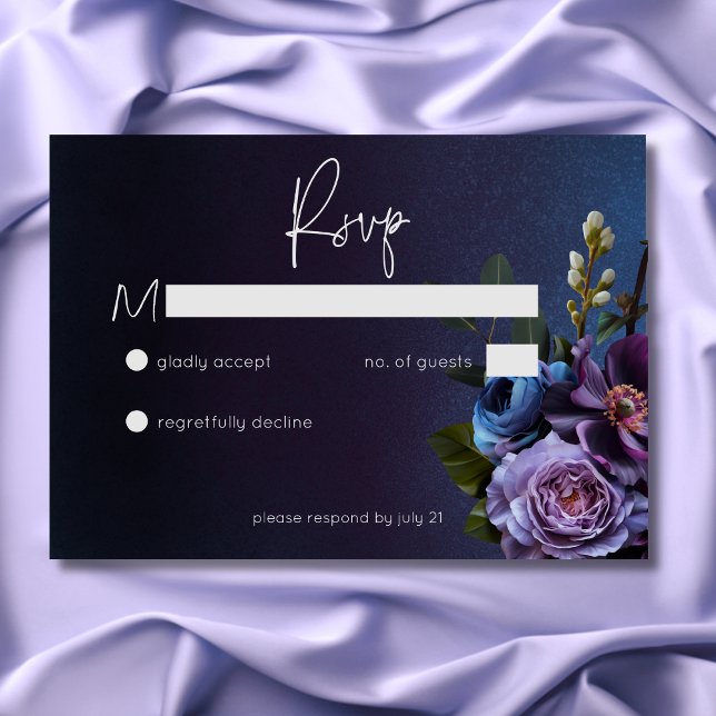 Cartão RSVP Lavanda Azul Escuro Casamento Moderno Floral Moder (Dark Moody Blue Lavender Floral Modern Wedding RSVP Card)