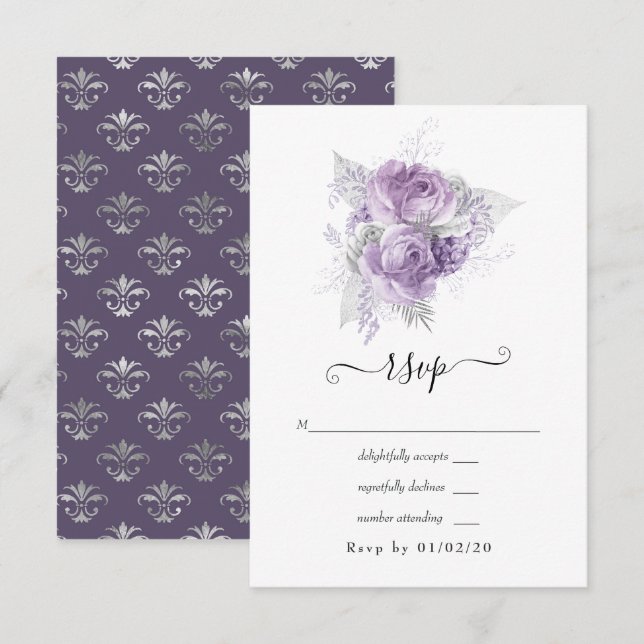 Cartão RSVP Lavanda e Casamento Floral de Prata (Frente/Verso)