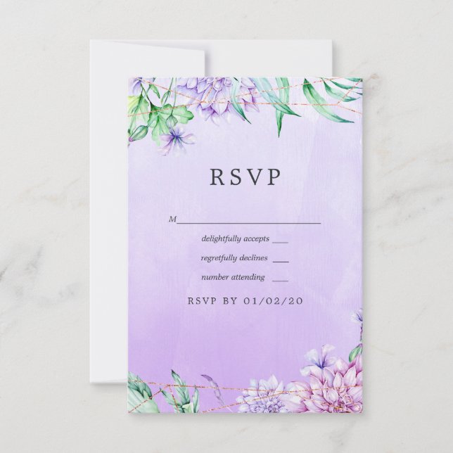 Cartão RSVP Lavanda e Casamento Geométrico Floral Dourado (Frente)