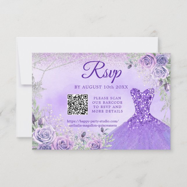 Cartão RSVP Lavanda Floco de Neve Natal Quinceañera 15 QR (Frente)