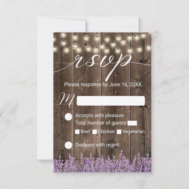 Cartão RSVP Lavanda Floral Rustic String Luzes de Casamento RS (Frente)
