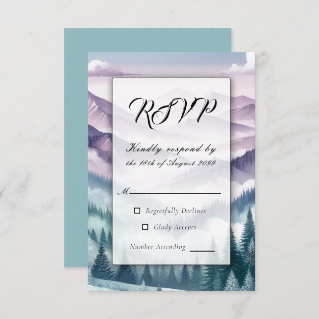 Cartão RSVP Lavanda Frost no Casamento de Névoa Alpina (Frente/Verso)