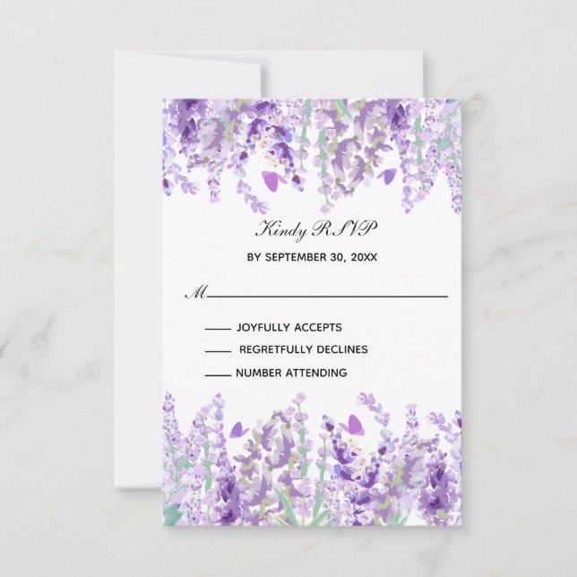 Cartão RSVP Lavanda Greenerescência Floral Aquarela Formal Ele (Frente)