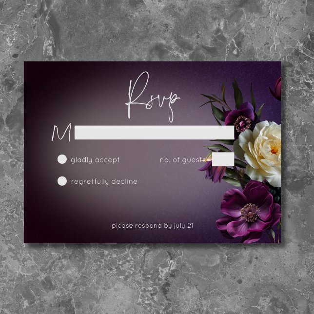 Cartão RSVP Lavanda Puro Escuro Floral Moderno Sem Janto (Dark Moody Purple Lavender Floral Modern No Dinner RSVP Card)