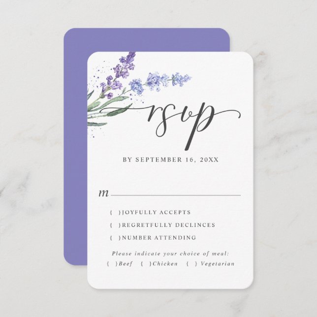Cartão RSVP Lavanda Romântica Aquarela Floral | Escolha das re (Frente/Verso)