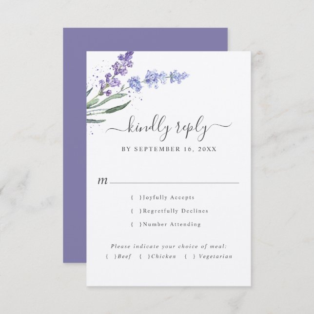 Cartão RSVP Lavanda Romântica Aquarela Floral | Escolha das re (Frente/Verso)