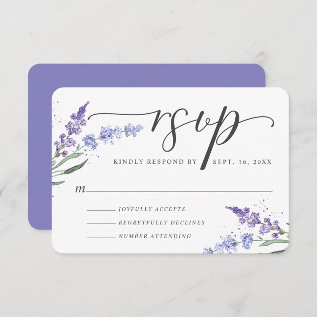 Cartão RSVP Lavanda Romântica de Aquarela Floral (Frente/Verso)