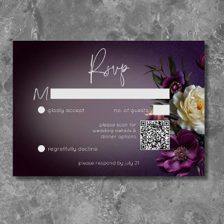 Cartão RSVP Lavanda Roxo Escuro Floral Moderno QR