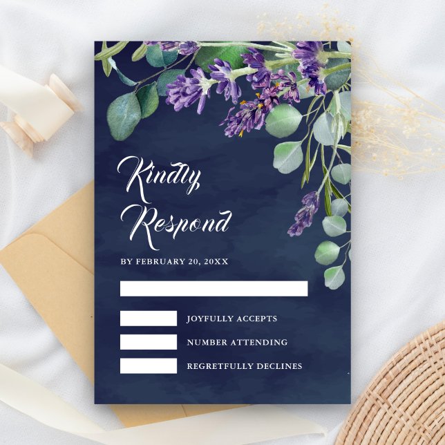 Cartão RSVP Lavanda rustica e Casamento Azul Eucalyptus Marinh (Criador carregado)