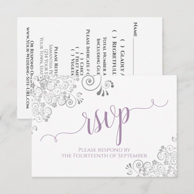 Cartão RSVP Lavanda sobre Casamento Elegante Branco (Frente/Verso)