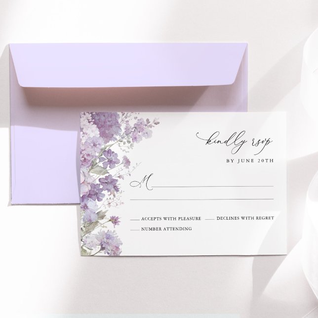 Cartão RSVP Lavender Floral Watercolor Elegant Wedding (Lavender floral wedding RSVP card with watercolor hydrangea, lilac purple elegant wedding stationery)