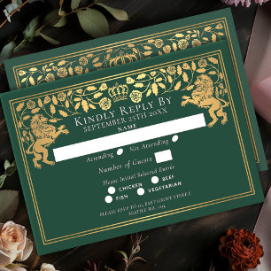 Cartão RSVP Leão Medieval Real Verde Casamento