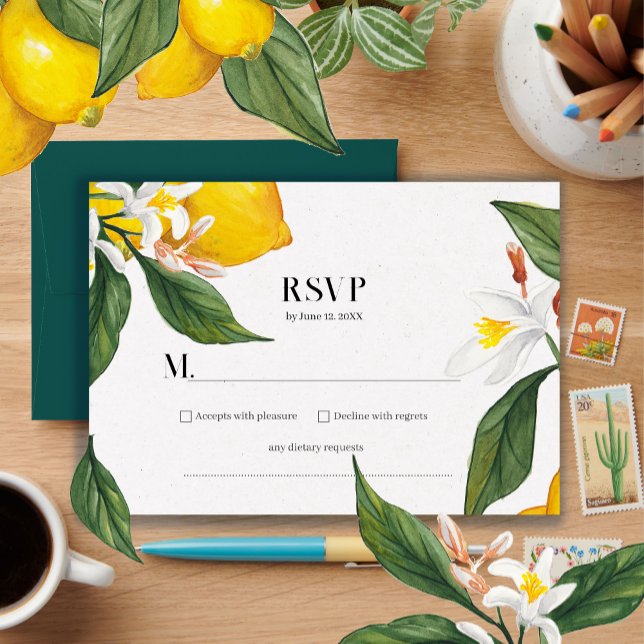 Cartão RSVP Lemon White Flower Watercolor Suite (Criador carregado)