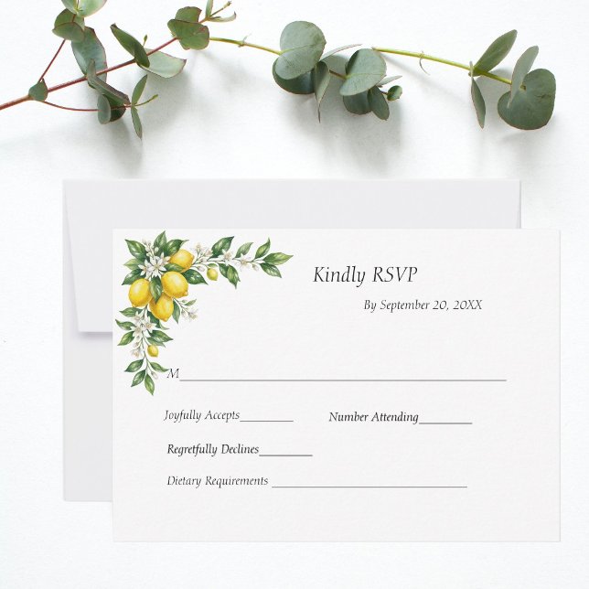 Cartão RSVP Lemons Floral Greenery Traditional Formal Wedding (Lemons White Florals Citrus Mediterranean Wedding RSVP card)