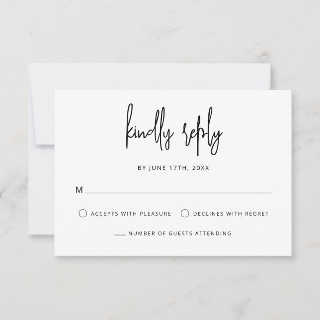 Cartão RSVP Letra Moderna Manuscrita Casamento Branco Preto (Frente)