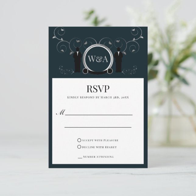 Cartão RSVP LGBTQ de Monograma Azul de Casamento M (Em pé/Frente)