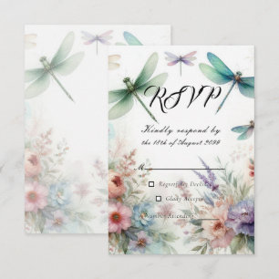 Cartão RSVP Libélulas e Florais Pastéis Casamento