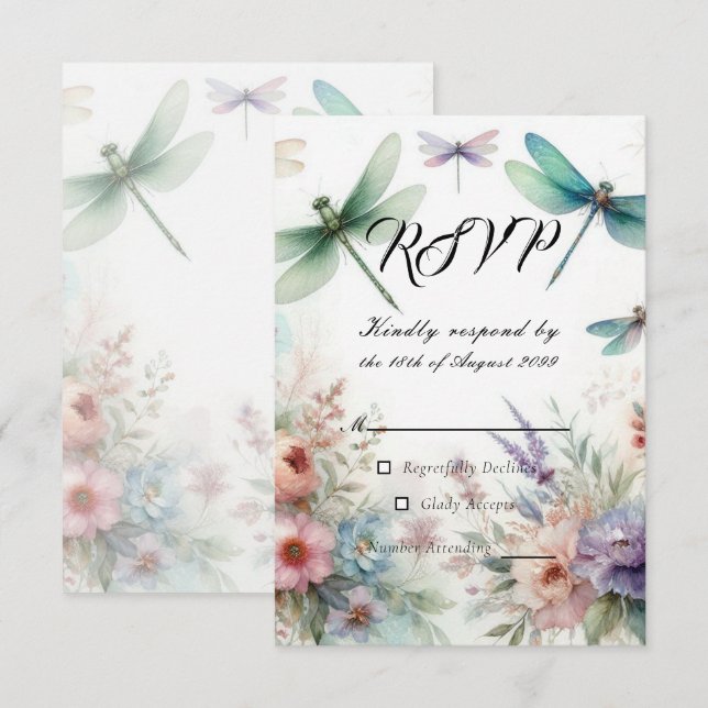 Cartão RSVP Libélulas e Florais Pastéis Casamento (Frente/Verso)