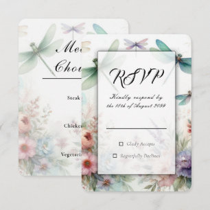 Cartão RSVP Libélulas e Florais Pastéis Casamento