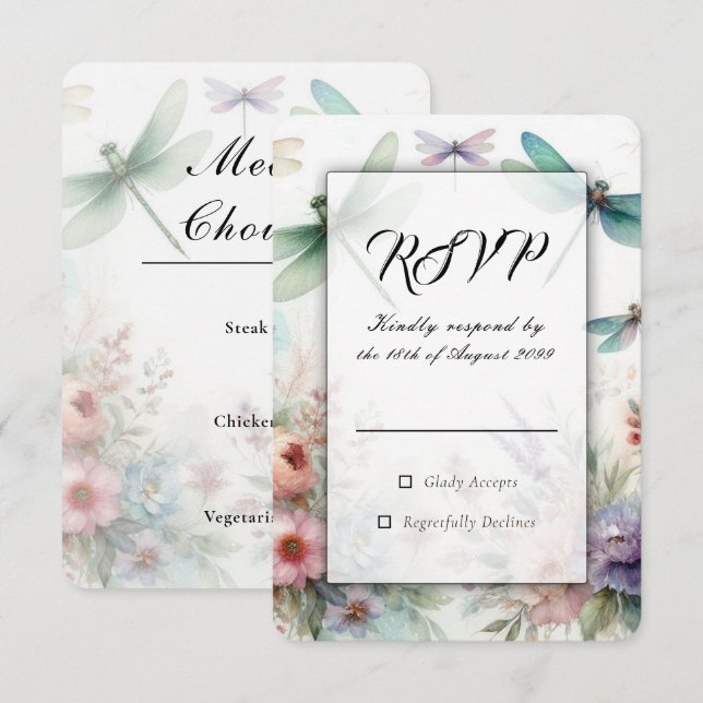 Cartão RSVP Libélulas e Florais Pastéis Casamento (Frente/Verso)