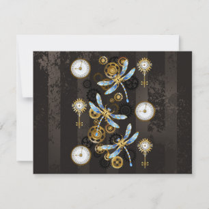 Cartão RSVP Libélulas Steampunk em fundo listrado marrom