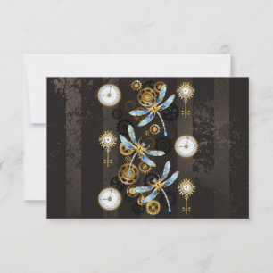 Cartão RSVP Libélulas Steampunk em fundo listrado marrom