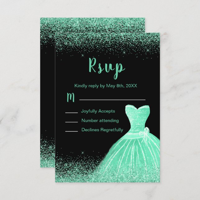 Cartão RSVP Light Green Dress Faux Glitter Sweet 16 Birthday (Frente/Verso)