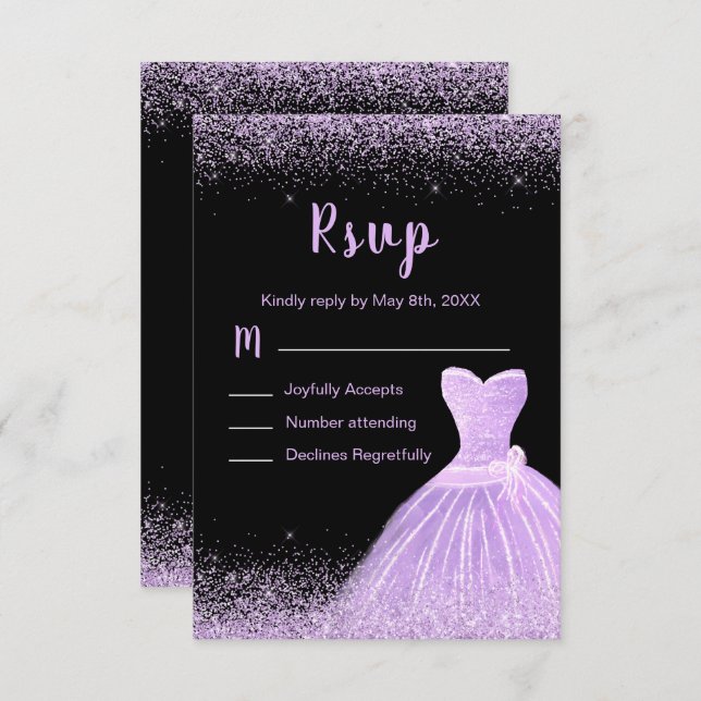 Cartão RSVP Light Purple Dress Faux Glitter Quinceanera (Frente/Verso)