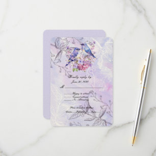 Cartão RSVP Lilases e Pássaros Azuis