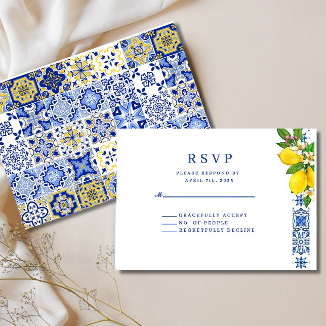 Cartão RSVP Limão mediterrânico Elegante e Casamento Azul (Criador carregado)