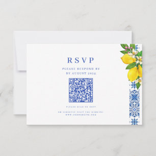 Cartão RSVP Limão mediterrânico Elegante e Casamento Azul QR