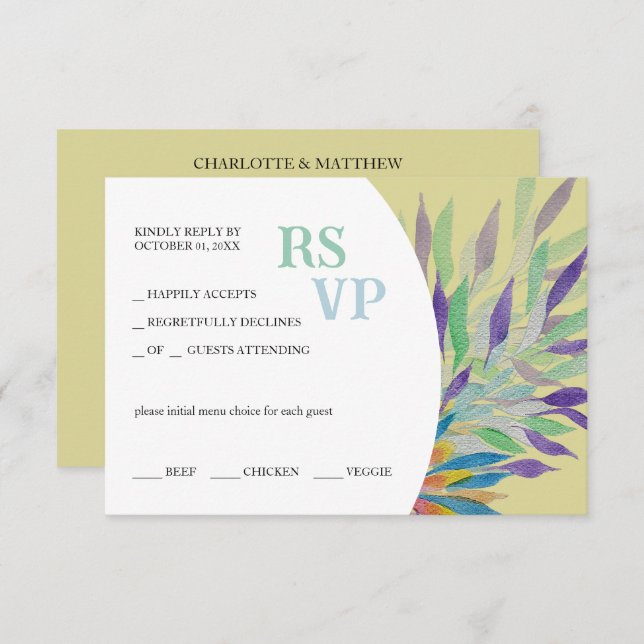 Cartão RSVP Linda Bela Água Floral Púrpura (Frente/Verso)