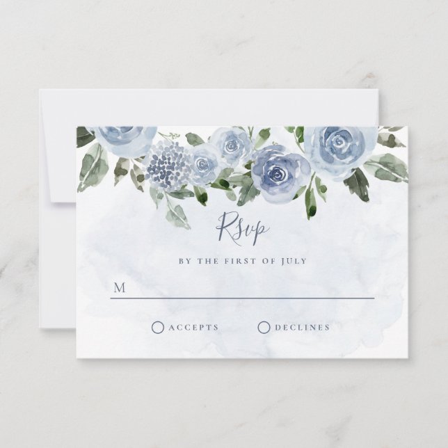 Cartão RSVP Lindas Flores em Aquarela Azul Empoeirado (Frente)