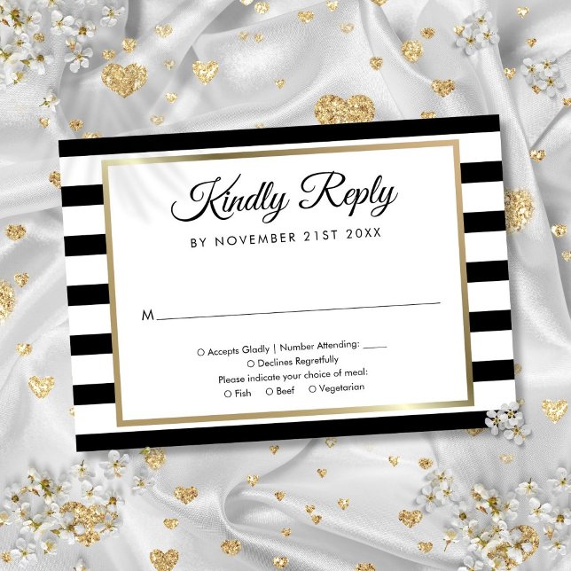Cartão RSVP Listra Clássica Preto e Branco (Classic Black and White Stripe RSVP Card)
