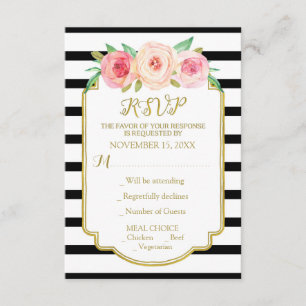 Cartão RSVP Listras brancas pretas Dourados das flores