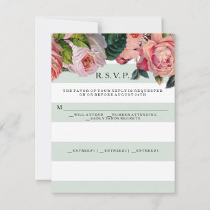 Cartão RSVP LISTRAS LARGAS Chic MODERNAS com Rosas, Verde Ment