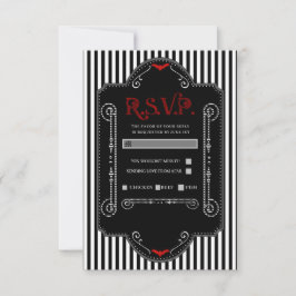 Cartão RSVP Listras Pretas Brancas Vermelhas Morcego Gótico Ca