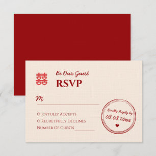 Cartão RSVP Logotipo de selo de casamento chinês vermelho bege