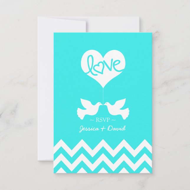 Cartão RSVP Love Doves Mint Blue com Chevron (Frente)