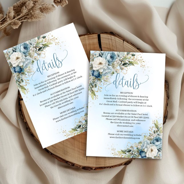Cartão RSVP Lovely Dusty Blue Floral Gold Wedding Info Card (Lovely Dusty Blue Floral Gold Wedding Info Card

)