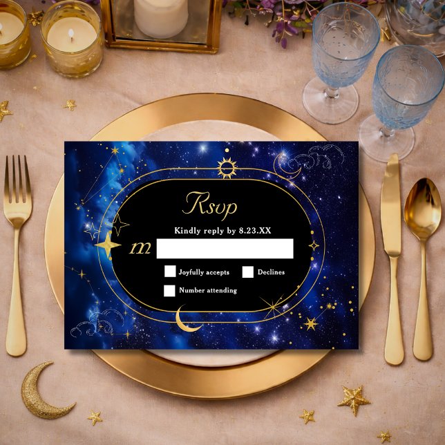 Cartão RSVP Lua azul ouro mística astronomia celestial casamen (Criador carregado)