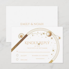 Cartão RSVP Lua Branca Dourada Celestial Estrelas Casamento