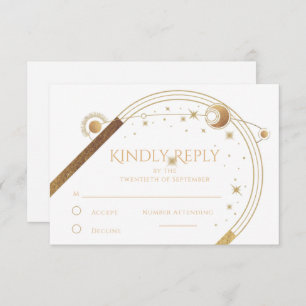 Cartão RSVP Lua Branca Dourada Celestial Estrelas Casamento