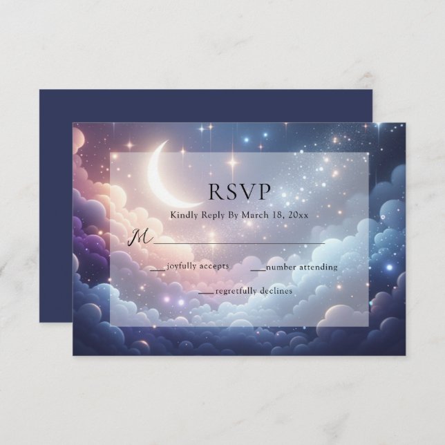 Cartão RSVP Lua Celestial e Estrelas Casamento Azul (Frente/Verso)