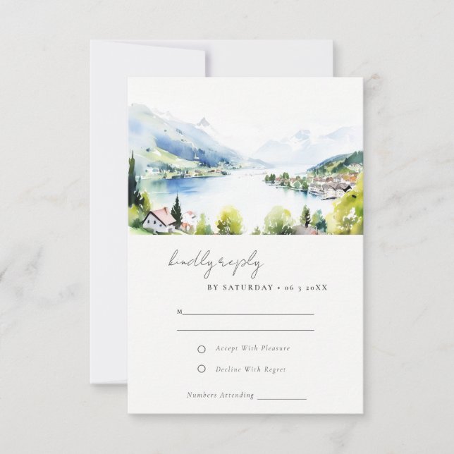 Cartão RSVP Lungern Switzerland Watercolor Landscape Wedding (Frente)