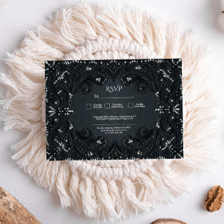 Cartão RSVP Luxo Gótico Preto em Renda Casamento Vitoriano