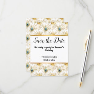 CARTÃO RSVP LUXO PENA DE PAVÃO DOURADO SALVE A DATA