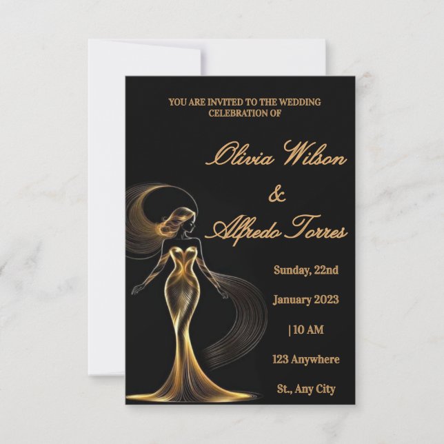 Cartão RSVP Luxury Black & Gold Elegant Wedding Invitation (Frente)