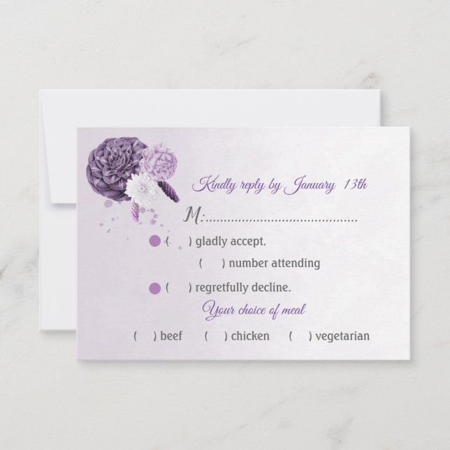 Cartão RSVP Luz púrpura maravilhosa flores escolha de refeição (Frente)